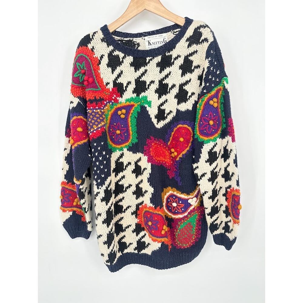 Vtg Knitting Needles Chunky Colorful Maximalist Sweater Women Large Hand Knitted